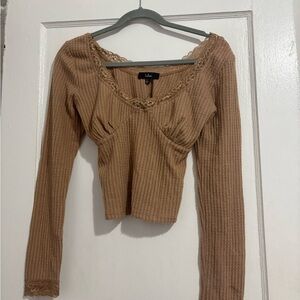 Lulu's Tan Ribbed Lace Long Sleeve Top